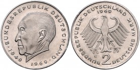 Bundesrepublik Deutschland 2 Deutsche Mark 1969 G Adenauer, Fehlprägung auf Auslandsrohling in Stahl, vernickelt, mit glattem Rand, ohne Randinschrift...