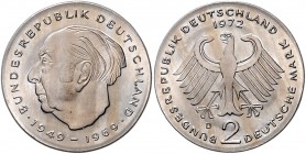 Bundesrepublik Deutschland 2 Deutsche Mark 1972 D Heuss, Fehlprägung mit glattem Rand, ohne Randinschrift, 7,0g J. zu407. 
sehr selten f.st