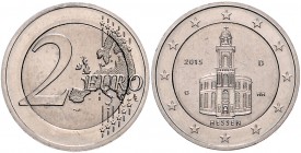 Bundesrepublik Deutschland 2 Euro 2015 D Hessen, Fehlprägung, mit silberfarbener und nicht magnetischer Pille, Untergewicht 8,3g. J. zu593. 
 vz-st