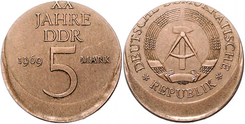 DDR 5 Mark 1969 20 Jahre DDR, Fehlprägung: 20% dezentriert geprägt J. zu 1524. ...