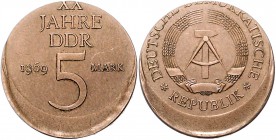 DDR 5 Mark 1969 20 Jahre DDR, Fehlprägung: 20% dezentriert geprägt J. zu 1524. 
9,8g vz-