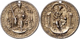 RDR - Österreich Karl V. 1519-1556 Silbermedaille 1550 altvergoldet (unsign. von Schule Concz Welcz) Thronender Kaiser v. vorn im Prunkornat mit Schwe...