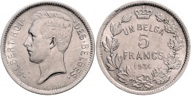 Belgien Albert I. 1909-1934 5 Francs 1934 KM 97.1. 
 ss