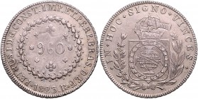 Brasilien Dom Pedro I. 1822-1831 960 Reis 1823 R mit SIGNO über Krone KM 368.1. 
l. Überprägungssp. f.vz