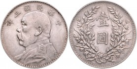 China Republik 1911-1949 Dollar 1914 Year 3 Präsident Yüan Shih-kai, offenes Dreieck, ohne Mz. O" a.d. Rückseite KM Y329. "
 ss