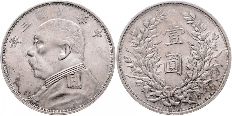 China Republik 1911-1949 Dollar 1914 Year 3 Präsident Yüan Shih-kai, a.d. Rs: Mz...
