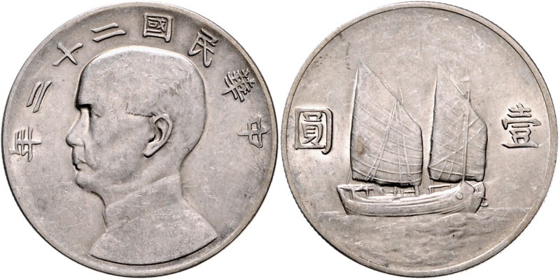 China Republik 1911-1949 Dollar 1933 Year 22 Sun Yat Sen, Junk-Dollar KM Y345. ...
