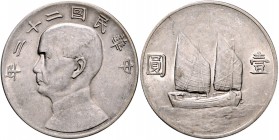 China Republik 1911-1949 Dollar 1933 Year 22 Sun Yat Sen, Junk-Dollar KM Y345. 
 f.vz