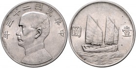 China Republik 1911-1949 Dollar 1934 Year 23 Sun Yat Sen, Junk-Dollar KM Y345. 
 vz+