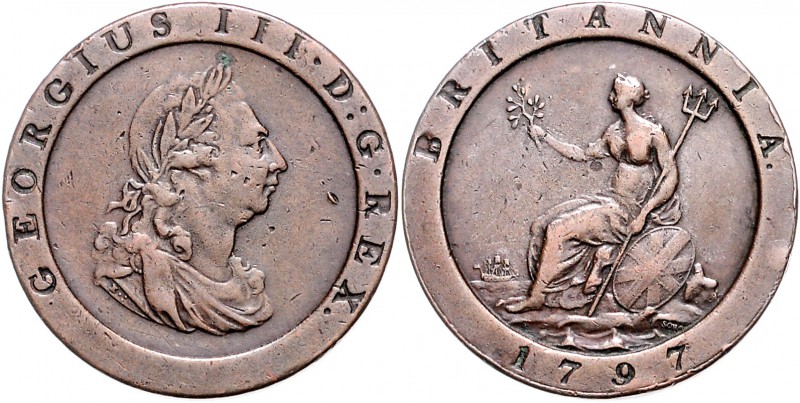 Großbritannien George III. 1760-1820 1 Penny 1797 KM 618. 
kl.Rf.u.Kr. ss-vz