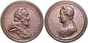 Italien - Mantua Karl VI. 1711-1740 Bronze-Suitenmedaille o.J. (v.Saint-Urbain) auf Margarete von Gonzaga und Henri II. v. Lothringen 
46,6mm 39,3g v...