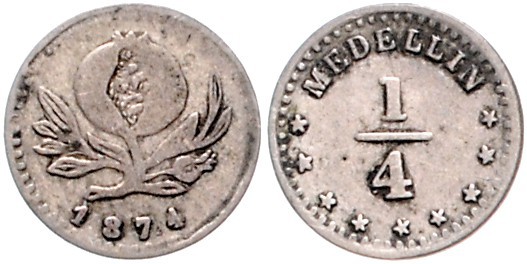 Kolumbien Estados Unidos de Colombia 1862-1886 1/4 Decimo 1874 Medellin dazu 1/4...