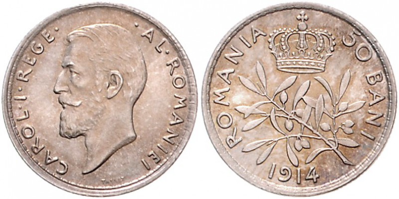 Rumänien Carol I. als König. 1881-1914 50 Bani 1914 KM 41. 
 f.st