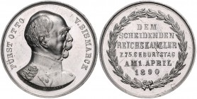 Sammlung Otto v. Bismarck Zinnmedaille 1890 (v. O.Bergmann) auf seine Entlassung u. seinen 75. Geburtstag Bennert 77 var.. Slg. Bö. -. 
35,0mm 16,6g ...