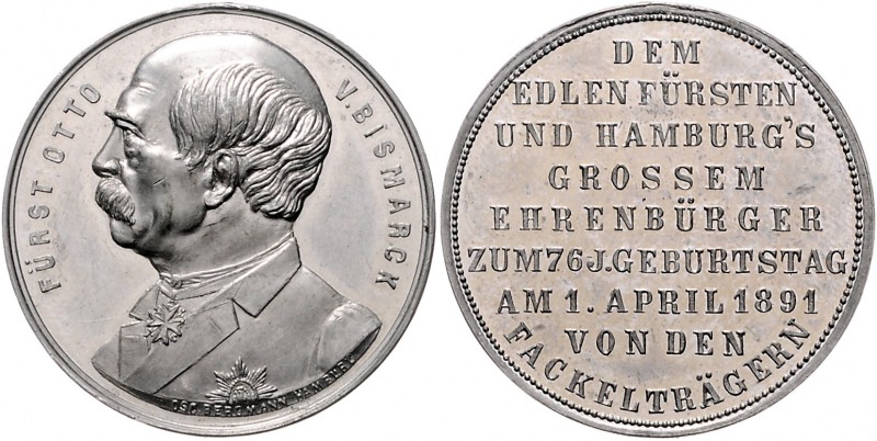 Sammlung Otto v. Bismarck Zinnmedaille 1891 (v. O. Bergmann) auf seinen 76. Gebu...