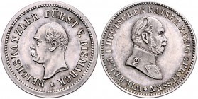Sammlung Otto v. Bismarck Silbermedaille o.J. (v. Lauer, unsign.) Kopf Bismarcks / Kaiser Wilhelm I., i.Rd: SILBER 990 Bennert -. Slg. Bö. -. 
24,0mm...