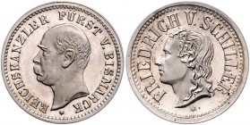Sammlung Otto v. Bismarck Silbermedaille o.J. (v. Lauer, unsign.) Kopf Bismarcks / Friedrich v. Schiller, i.Rd: SILBER 990 Bennert 307 (Cu). Slg. Bö. ...