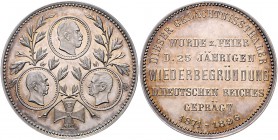 Sammlung Otto v. Bismarck Silbermedaille 1896 auf das 25-jährige Bestehen des Deutschen Reiches Bennert 188. Slg. Bö. 5420. 
33,5mm 18,0g f.st