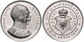Sammlung Otto v. Bismarck Zinnmedaille 1896 (v.Bergmann) auf seinen 81. Geburtstag Bennert 496. Slg. Bö. 5425 (Br.). 
35,0mm 17,2g vz-