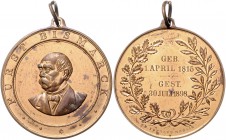 Sammlung Otto v. Bismarck Kupfermedaille 1898 vergoldet (v. Köhler) auf seinen Tod Bennert 220 (Br.). Slg. Bö. 5550 (Br.). 
etw. fleckig, m. Öse u. R...