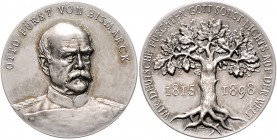 Sammlung Otto v. Bismarck Silbermedaille 1898 mattiert (v. Lauer) auf seinen Tod, i.Rd: SILBER 990 Bennert 230 var. Slg. Bö. 5522. 
27,0mm 9,1g f.st