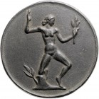 - Jugendstil Zinn-Zink-Medaille o.J. einseitig Tanzende Nackte mit Zweig 
63,3mm 40,9g gussfr.