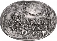 - Kunstgüsse und - Prägungen Silbergussplakette o.J. Alexander Magnus - Sieg über Darius 
vorzüglicher alter Guss, in Silber äußerst selten 74,0x52,0...
