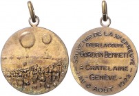 - Luftfahrt Bronzemedaille 1922 (v. Huguenin) Souvenir des Gordon-Bennett-Rennens in Genf Malpas 216. Slg. Malpas 2834. 
m. Orig.Öse u. Ring 27,9mm 1...