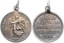 - Allgemeine Medaillen Siegespfennig 1914 (v. Kube) Seriennummer 28, GEFECHT BEI COMBLES UNTER V. KLUCK D. 31. AUGUST 1914 Zetzm. 1028. 
m. Orig.Öse ...