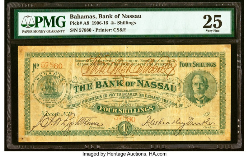 Bahamas Bank of Nassau 4 Shillings 1906-16 Pick A8 PMG Very Fine 25. This exampl...