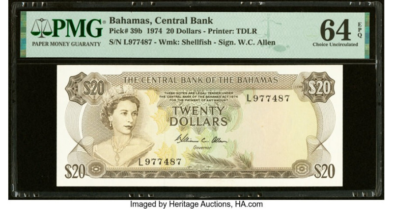 Bahamas Central Bank 20 Dollars 1974 Pick 39b PMG Choice Uncirculated 64 EPQ. HI...