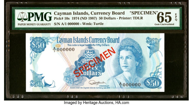 Cayman Islands Currency Board 50 Dollars 1974 (ND 1987) Pick 10s Specimen PMG Ge...