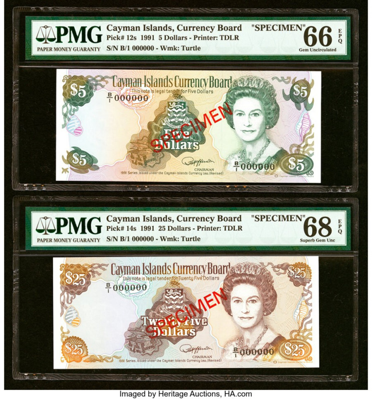 Cayman Islands Currency Board 5; 25 Dollars 1991 Pick 12s; 14s Two Specimen PMG ...