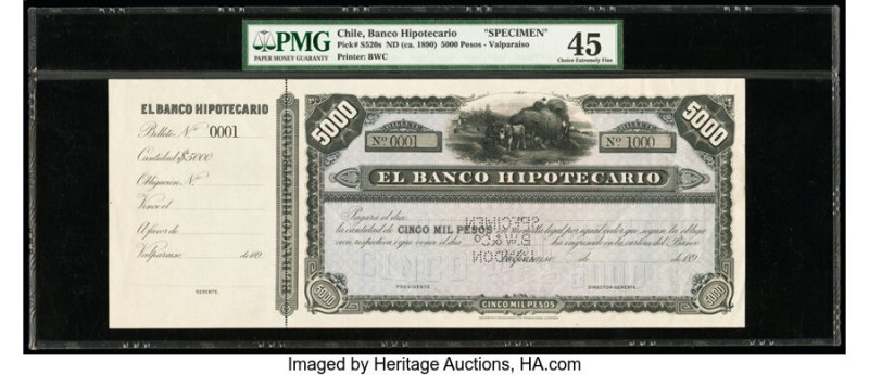 Chile Banco Hipotecario 5000 Pesos ND (ca. 1890) Pick S520s Specimen PMG Choice ...