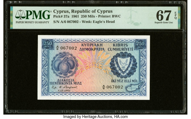 Cyprus Central Bank of Cyprus 250 Mils 1.12.1961 Pick 37a PMG Superb Gem Unc 67 ...