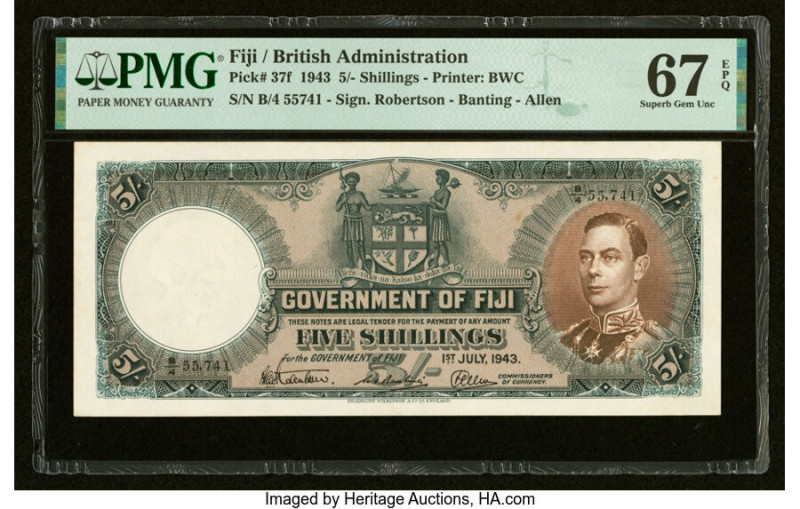 Fiji Government of Fiji 5 Shillings 1.7.1942 Pick 37f PMG Superb Gem Unc 67 EPQ....