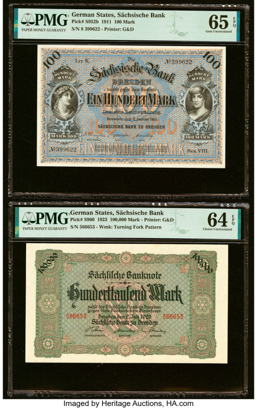 German States Bank of Saxony 100; 100,000 Mark 2.1.1911; 2.7.1923 Pick S952b; S9...