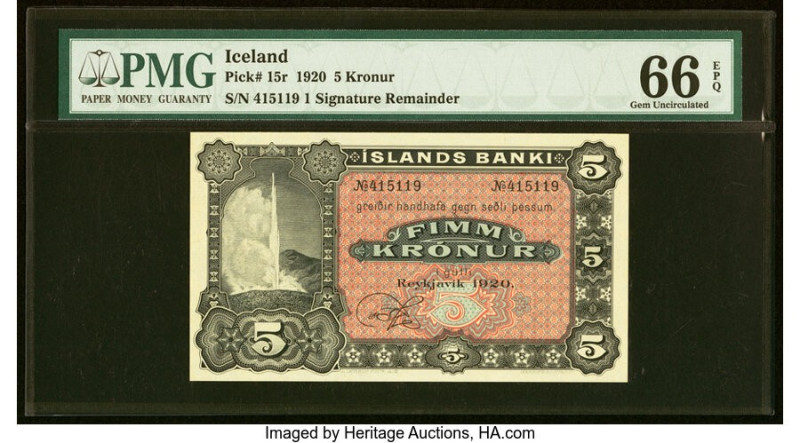 Iceland Islands Banki 5 Kronur 1920 Pick 15r Remainder PMG Gem Uncirculated 66 E...