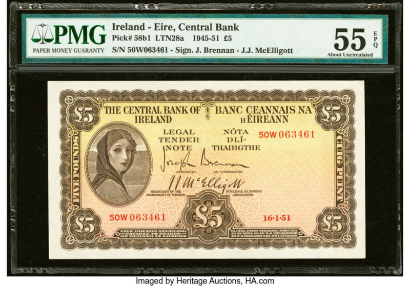 Ireland - Republic (Eire) Central Bank of Ireland 5 Pounds 16.1.1951 Pick 58b1 P...