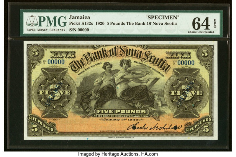 Jamaica Bank of Nova Scotia 5 Pounds 2.1.1920 Pick S132s Specimen PMG Choice Unc...