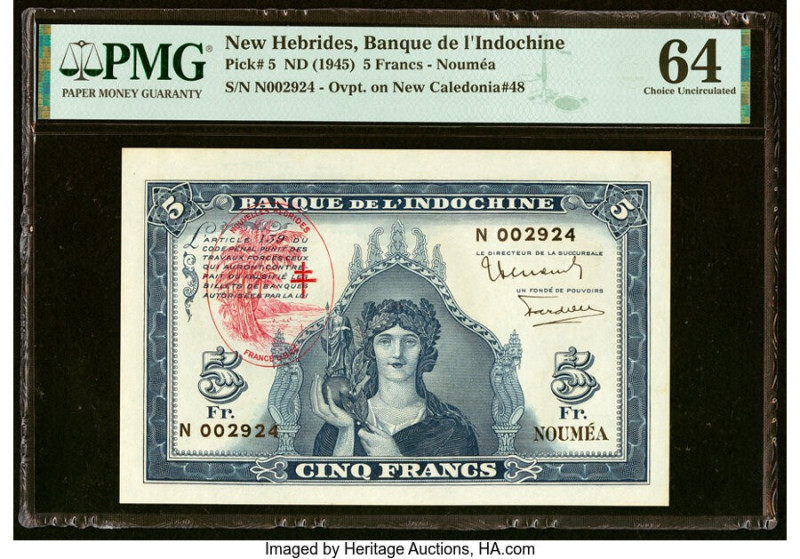 New Hebrides Banque De L'Indochine 5 Francs ND (1945) Pick 5 PMG Choice Uncircul...