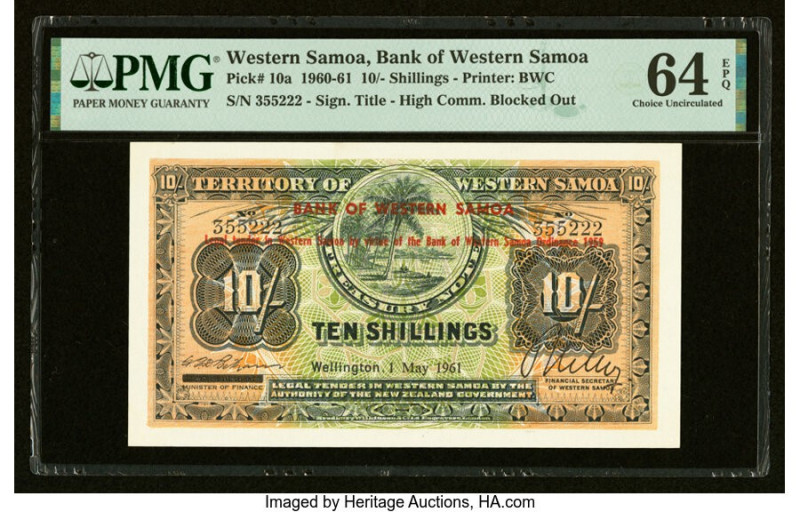 Western Samoa Bank of Western Samoa 10 Shillings 1.5.1961 Pick 10a PMG Choice Un...