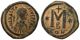 Anastasius I, 491-518. Follis (bronze, 17.50 g, 34 mm), Constantinople. D N ANASTA SIVS P P AVC Diademed, draped, and cuirassed bust right. Rev. Large...