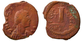 Justin I, 518-527. Dekanummium (bronze, 4.79 g, 21 mm), Antioch. D N IVSTINVS P P AVG Diademed, draped and cuirassed bust of Justin I to right. Rev. Γ...