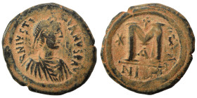 Justinian I, 527-565. Follis (bronze, 18.60 g, 32 mm), Nicomedia. D N IVSTINIANVS P AV [.. ]Draped and diademed bust right. Rev. Large M, star to left...