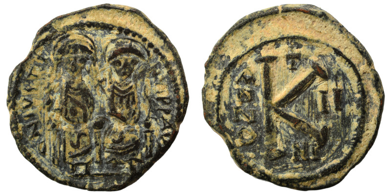 Justin II, with Sophia, 565-578. Half Follis (bronze, 7.58 g, 24 mm), Constantin...