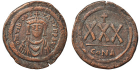 Tiberius II Constantine, 578-582. 3/4 Follis or 30 Nummi (bronze, 13.47 g, 32 mm), Constantinople. dm TIЬ CONS-TANT P P AVI Crowned, draped and cuiras...