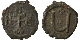 Tiberius II Constantine, 578-582. Pentanummium (bronze, 1.45 g, 14 mm), Theoupolis (Antioch). Monogram of Tiberius II Constantine. Rev. Large Ч; above...