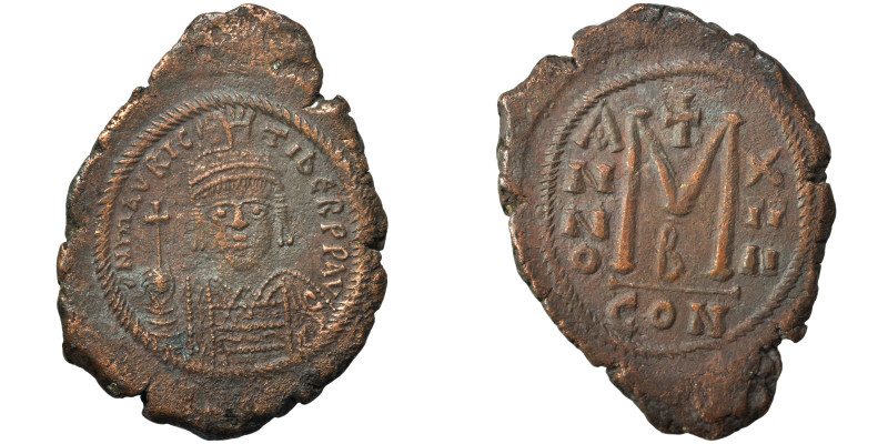 Maurice Tiberius, 582-602. Follis (bronze, 12.01 g, 36 mm), Constantinople. Drap...