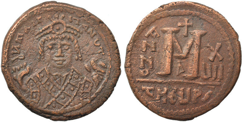 Maurice Tiberius, 582-602. Follis (bronze, 10.55 g, 28 mm), Theoupolis (Antioch)...